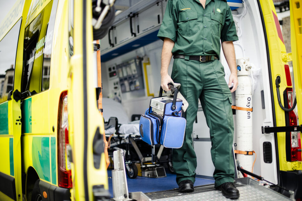 Paramedics at work with an ambulance